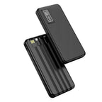Black portable charger with USB-C and Lightning connectors on a white background