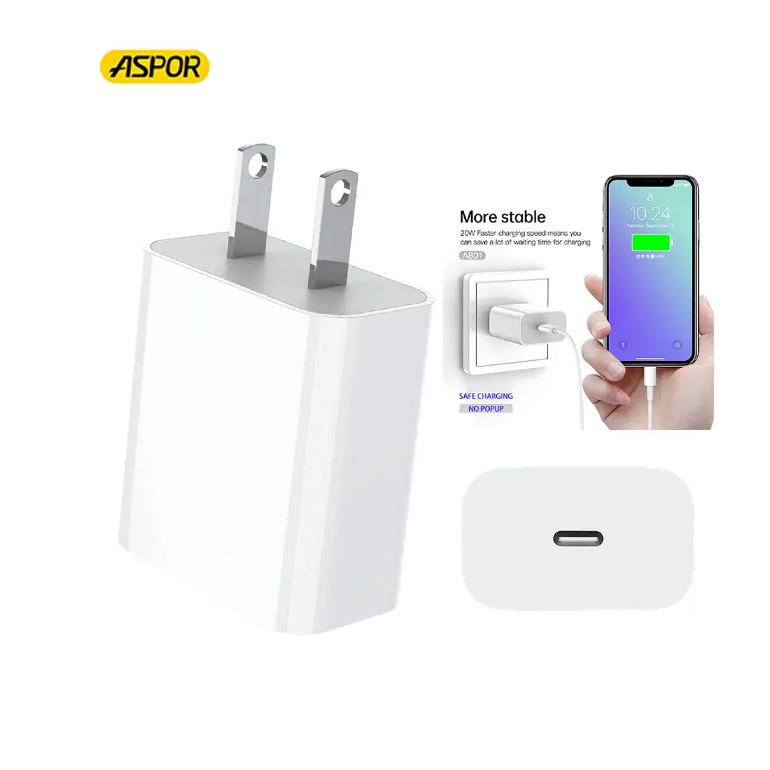 White charging station with plug, smartphone, and phone case on a white background with Aspor branding.
