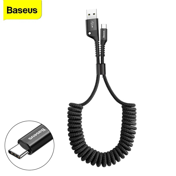 A BASEUS USB to Type C spring cable with a fish-eye connector design, predominantly black in color, with an image showing the cable's flexibility and a USB plug.