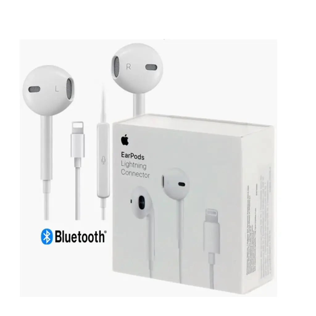 White earbuds with Bluetooth logo and Apple EarPods packaging on a white background