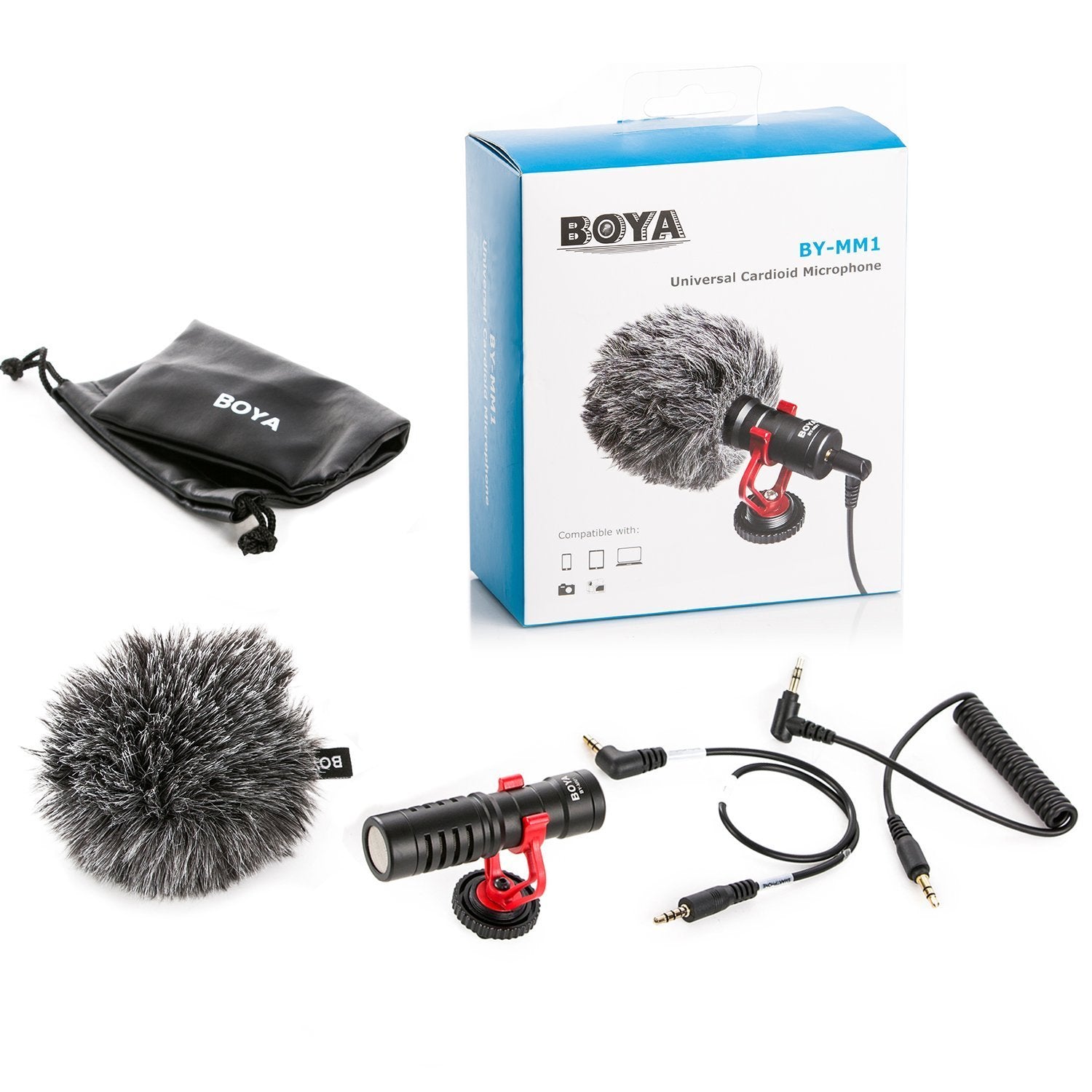 BOYA BY-MM1 professional microphone with accessories including a furry windshield, shock mount, two types of cables, and a carrying pouch, displayed alongside its packaging box.