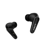 Black wireless earbuds with 'HKT' branding on a white background