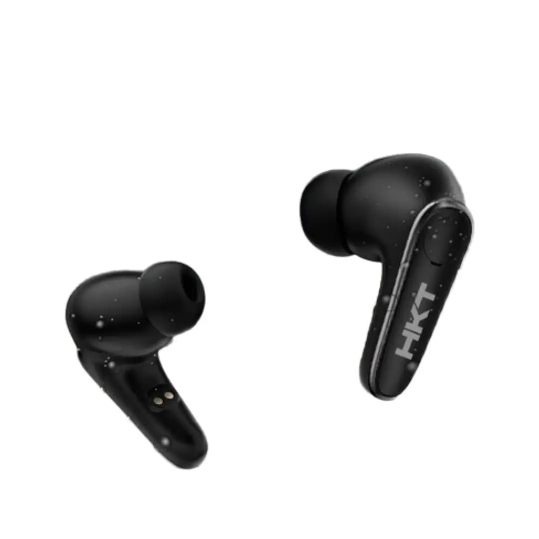 Black wireless earbuds with 'HKT' branding on a white background
