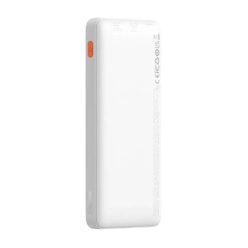 Baseus Airpow 10000mAh power bank angled back view with compact body, smooth white finish, and safety certification markings.