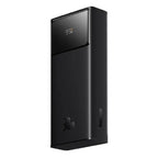 Baseus Star-Lord 30000mAh power bank front angle view in black with digital battery percentage display and sleek rectangular design.