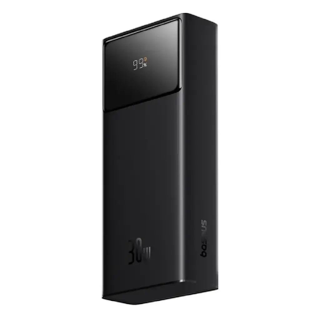 Baseus Star-Lord 30000mAh power bank front angle view in black with digital battery percentage display and sleek rectangular design.