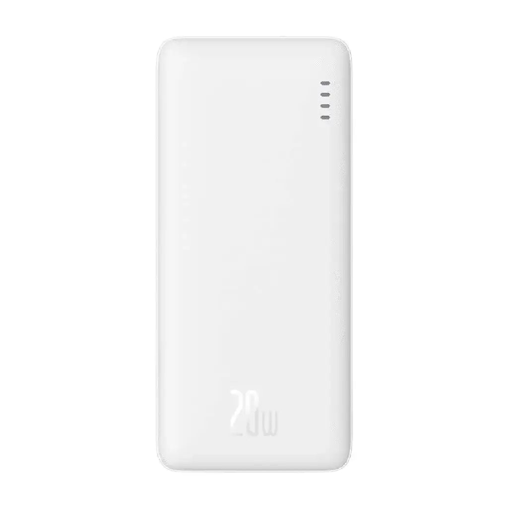 Baseus Airpow PPQD090002 20W power bank front view in white with LED battery indicators and minimalist travel-friendly design.