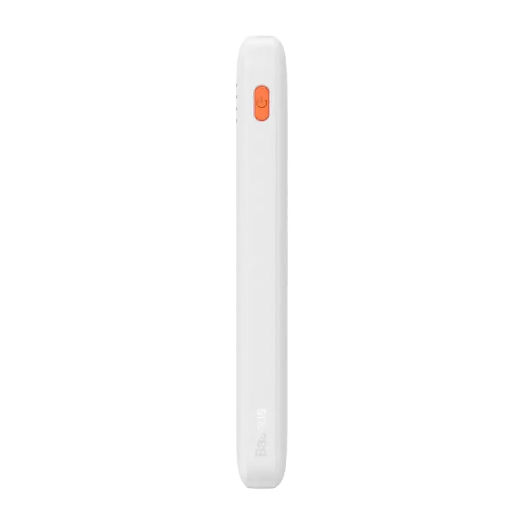 Baseus Airpow PPQD090002 10000mAh power bank side view in white showing slim design and orange power button.
