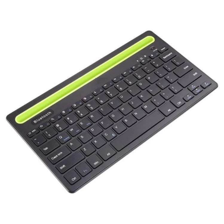Black Bluetooth keyboard with green accents on a white background