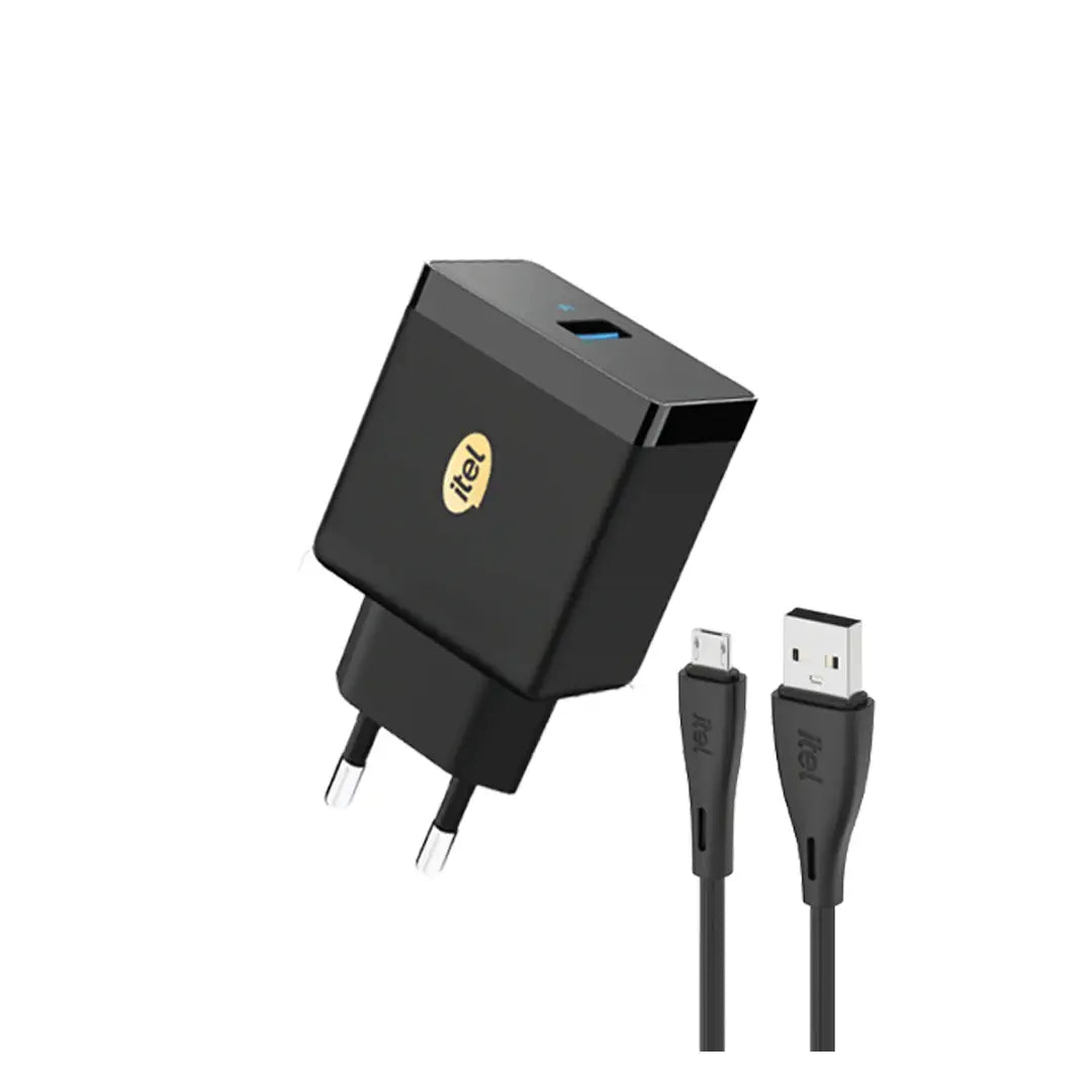 Black charging adapter with USB cable on a white background