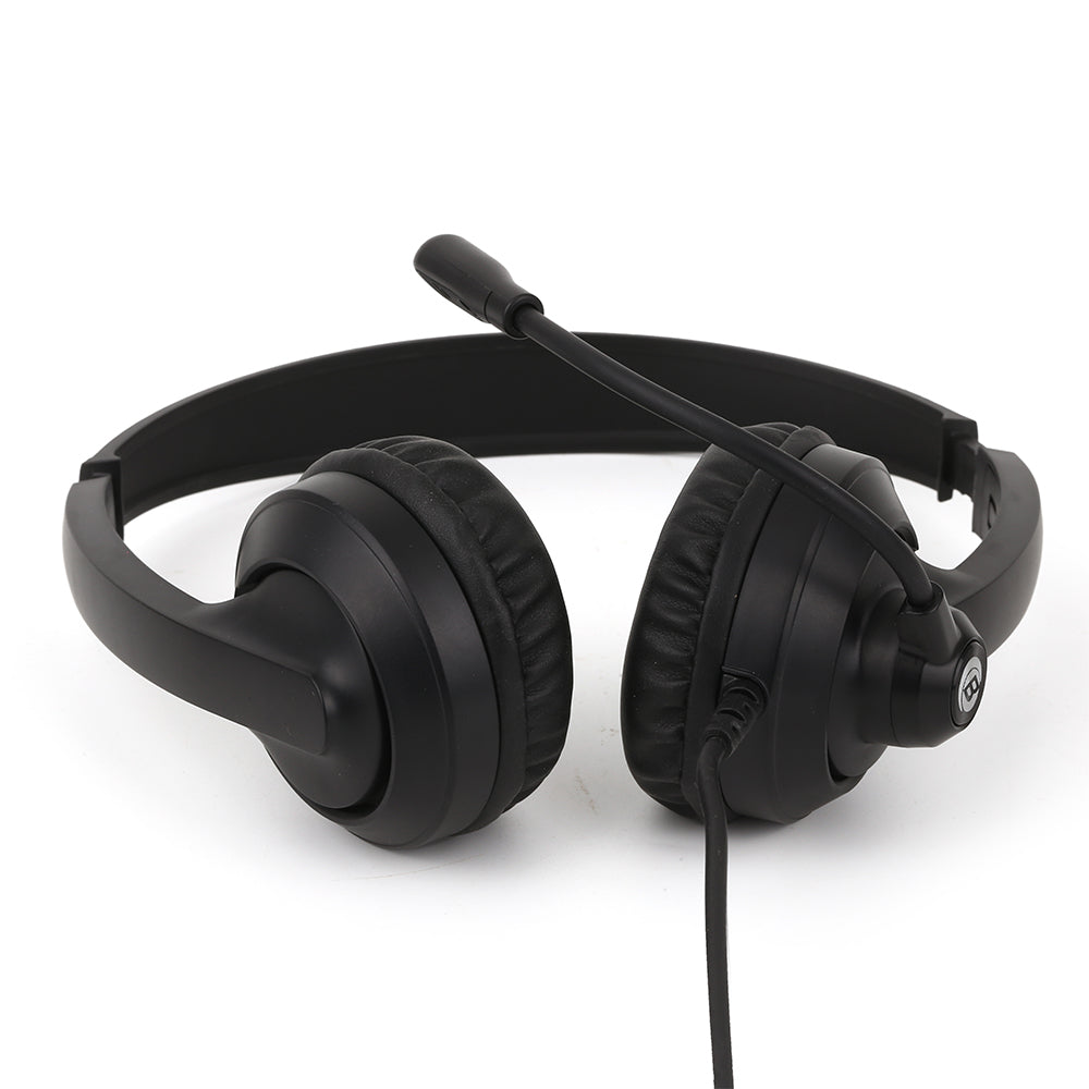 Black headphones with a microphone on a white background