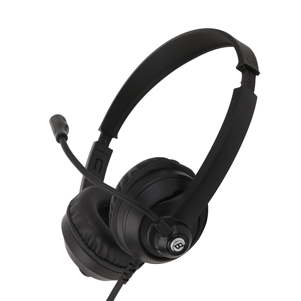 Black headset with microphone on a white background