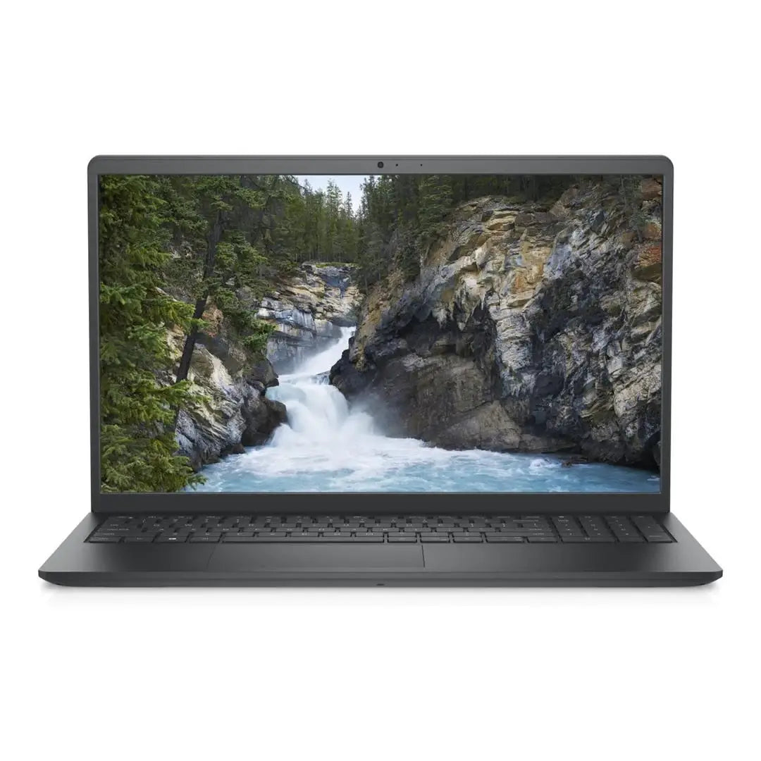 Laptop displaying a scenic waterfall on its screen with a white background