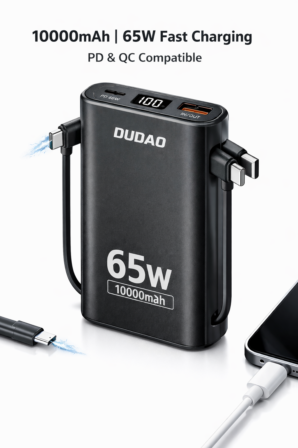 DUDAO 10000mAh 65W fast charging power bank with PD and QC support, USB-C output, digital LED display, compact portable charger on white background