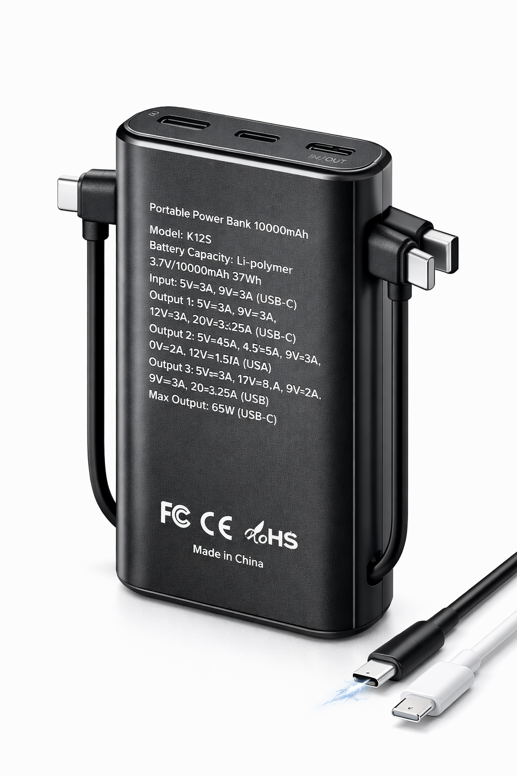 Back view of DUDAO 10000mAh 65W power bank displaying technical specifications, USB-C PD output details, safety certifications, and a compact fast charger