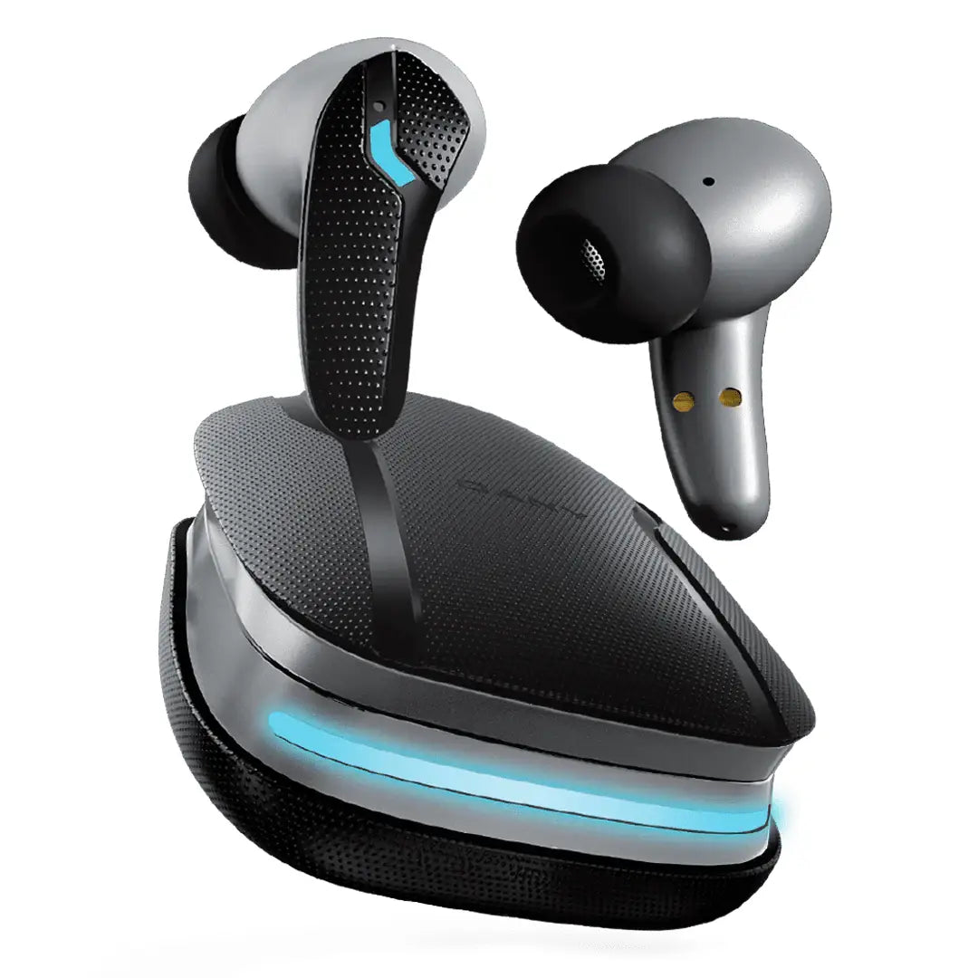 Wireless earbuds with charging case on a white background