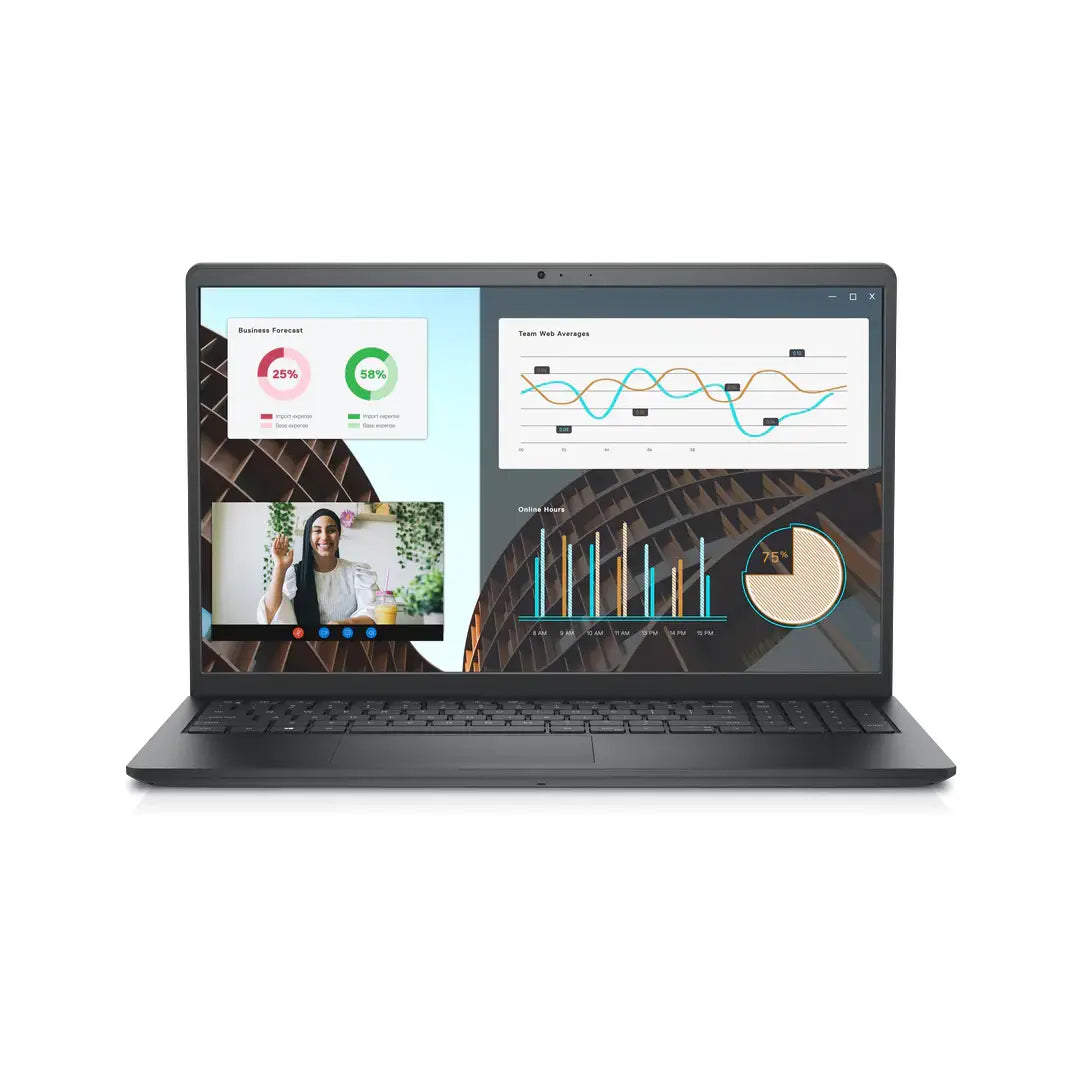 Laptop displaying multiple screens with graphs and a video call on a white background