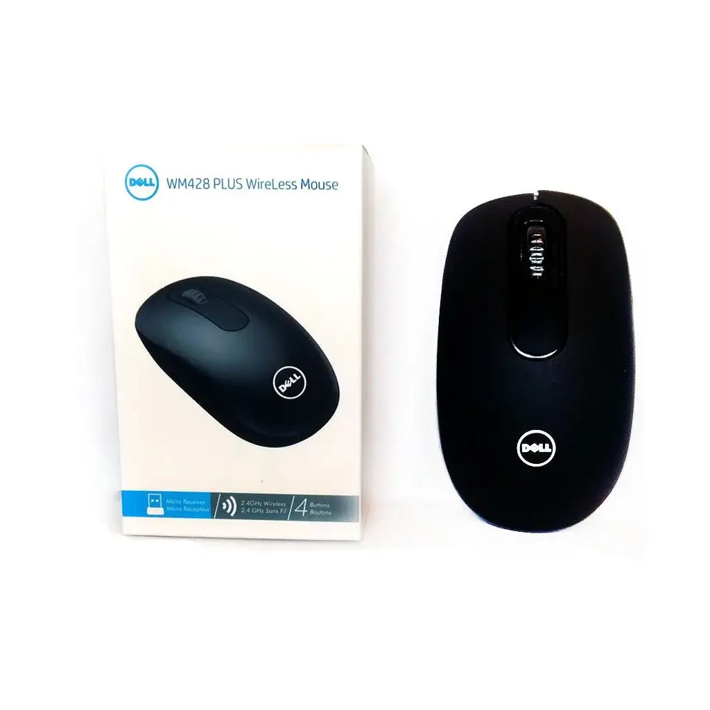 Black Dell wireless mouse next to its packaging on a white background