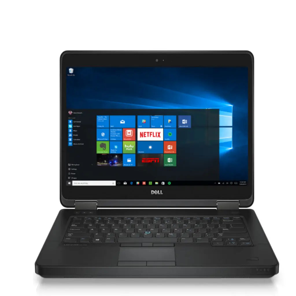 Black laptop with open screen displaying a desktop interface on a white background