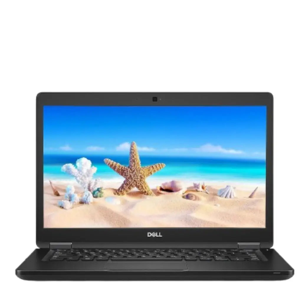 Dell laptop with a beach scene on the screen against a white background