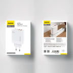 Two product boxes are displayed side-by-side for a Dudao A65EU 65W GaN Fast Charger. The left box shows the front with a product graphic, while the right box shows the back with a photo of the charger in use and product specifications.