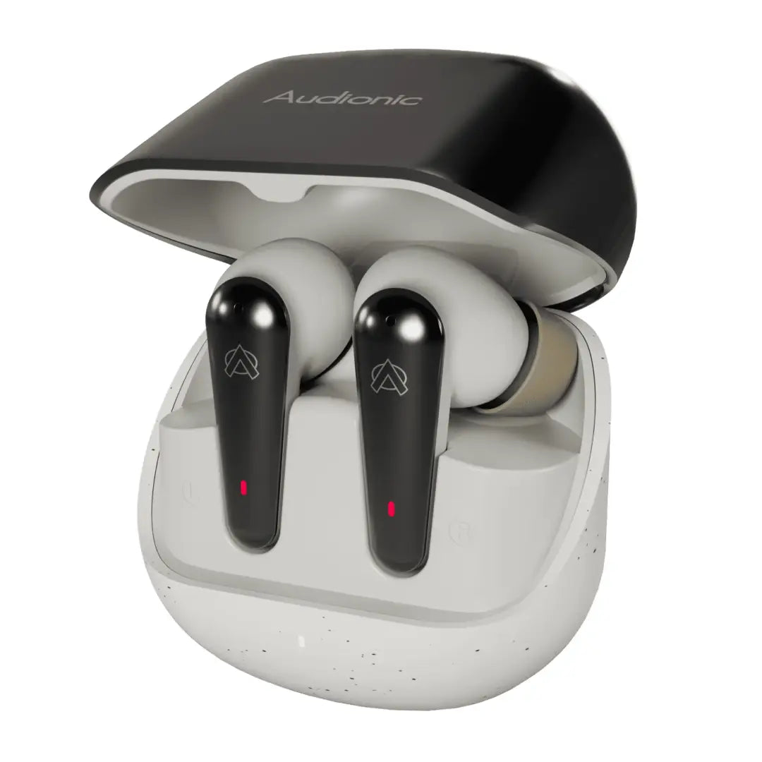 True wireless earbuds in a black and white charging case with 'Audionic' branding.
