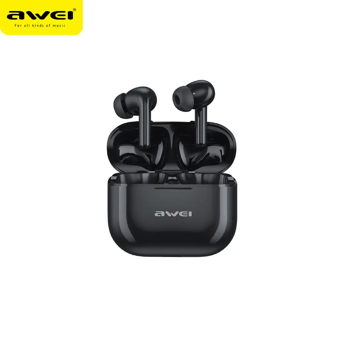 Black Awei wireless earbuds in a charging case on a white background
