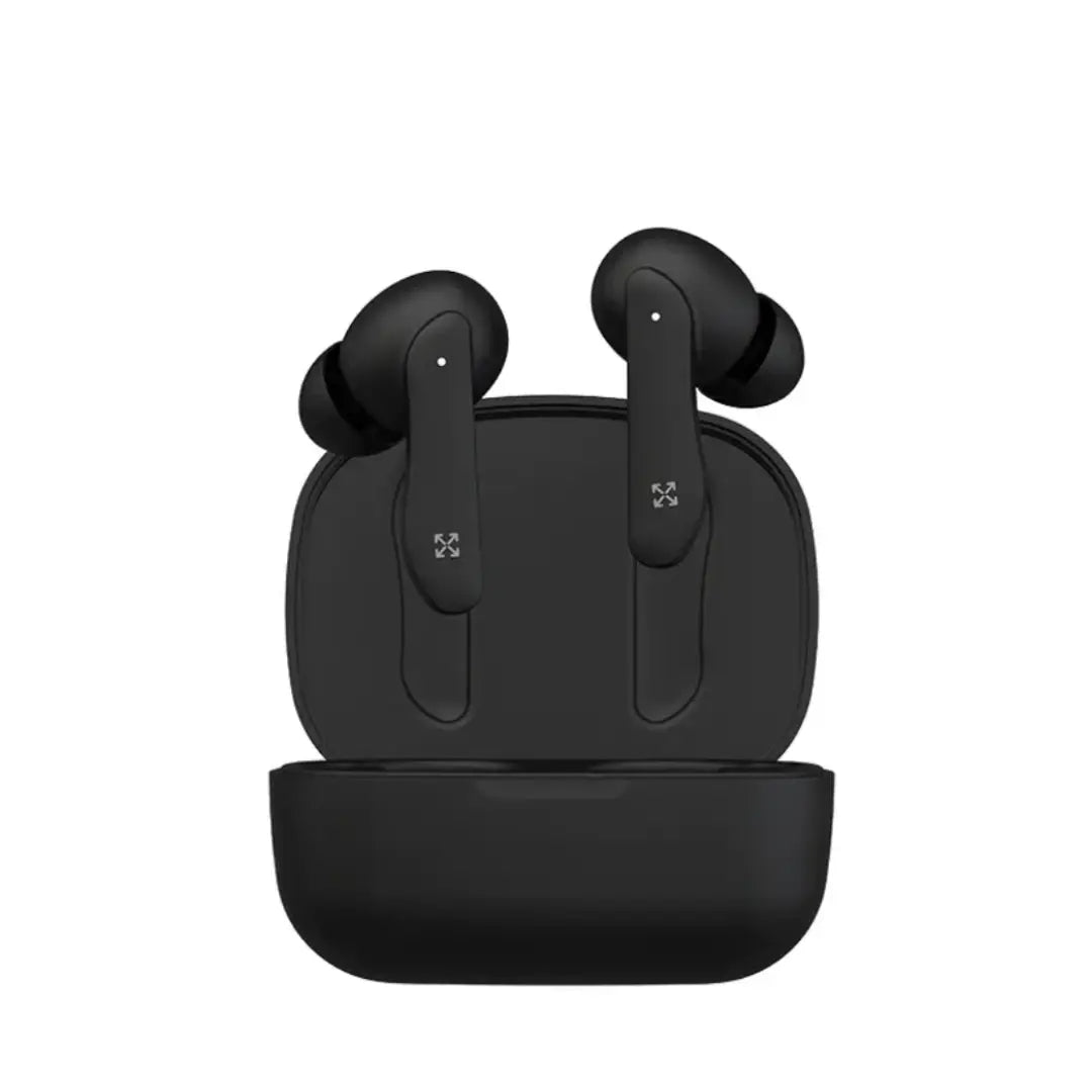 Black wireless earbuds with charging case on a white background