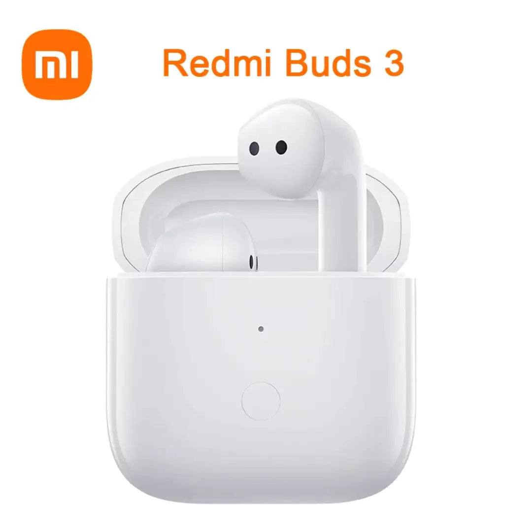 White wireless earbuds in charging case with Xiaomi logo above on a white background