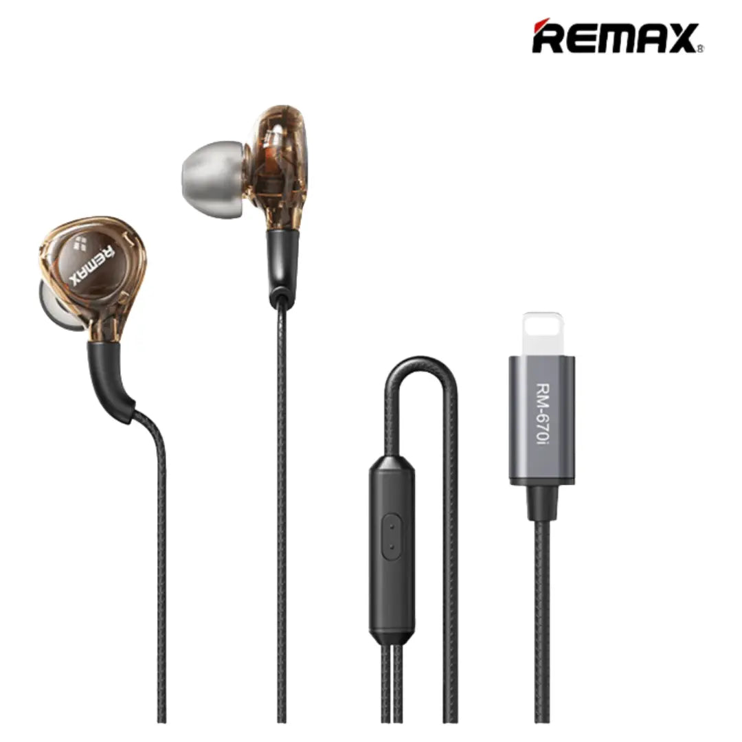 Remax earphones with Lightning connector on a white background