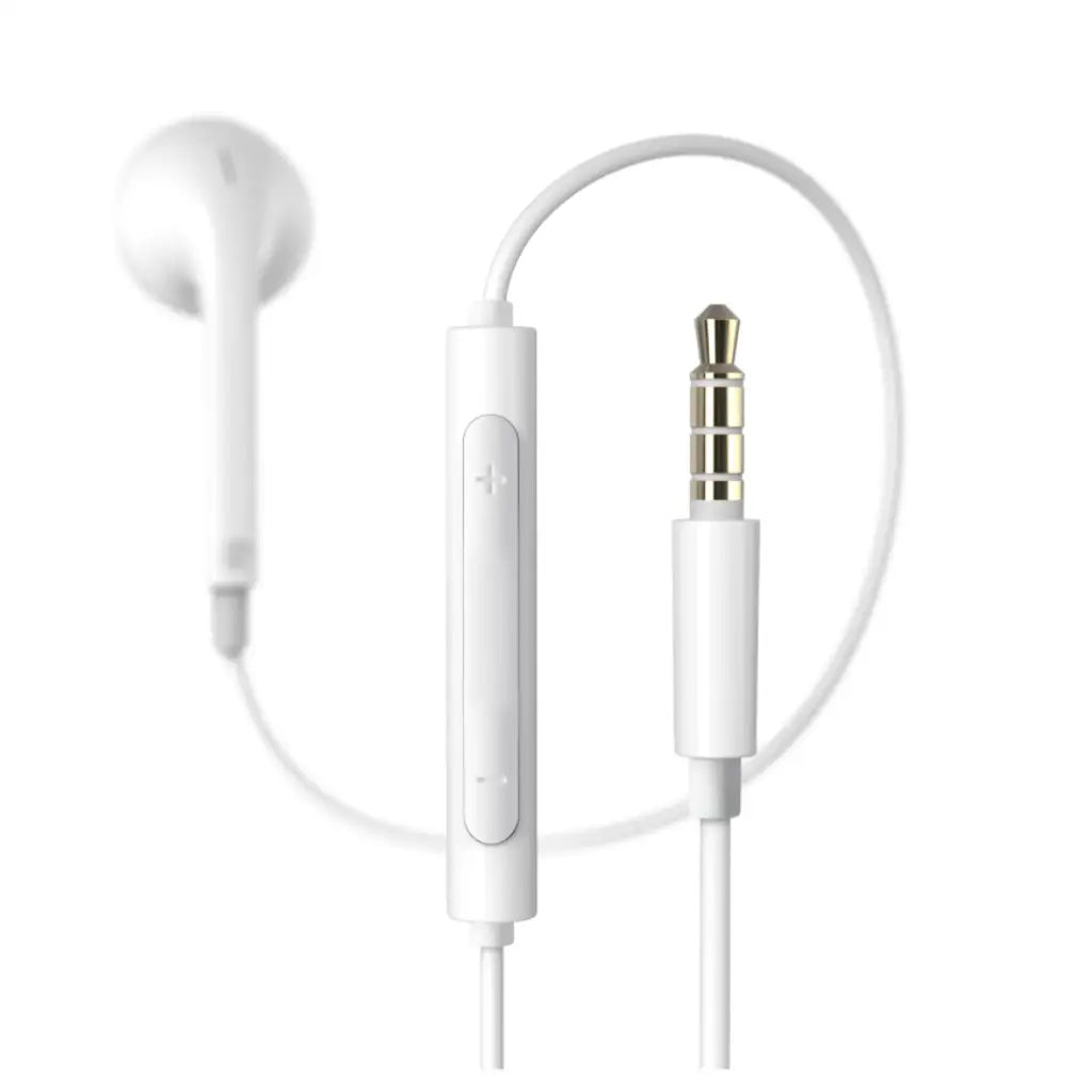 White earbud headphones with control button on a white background