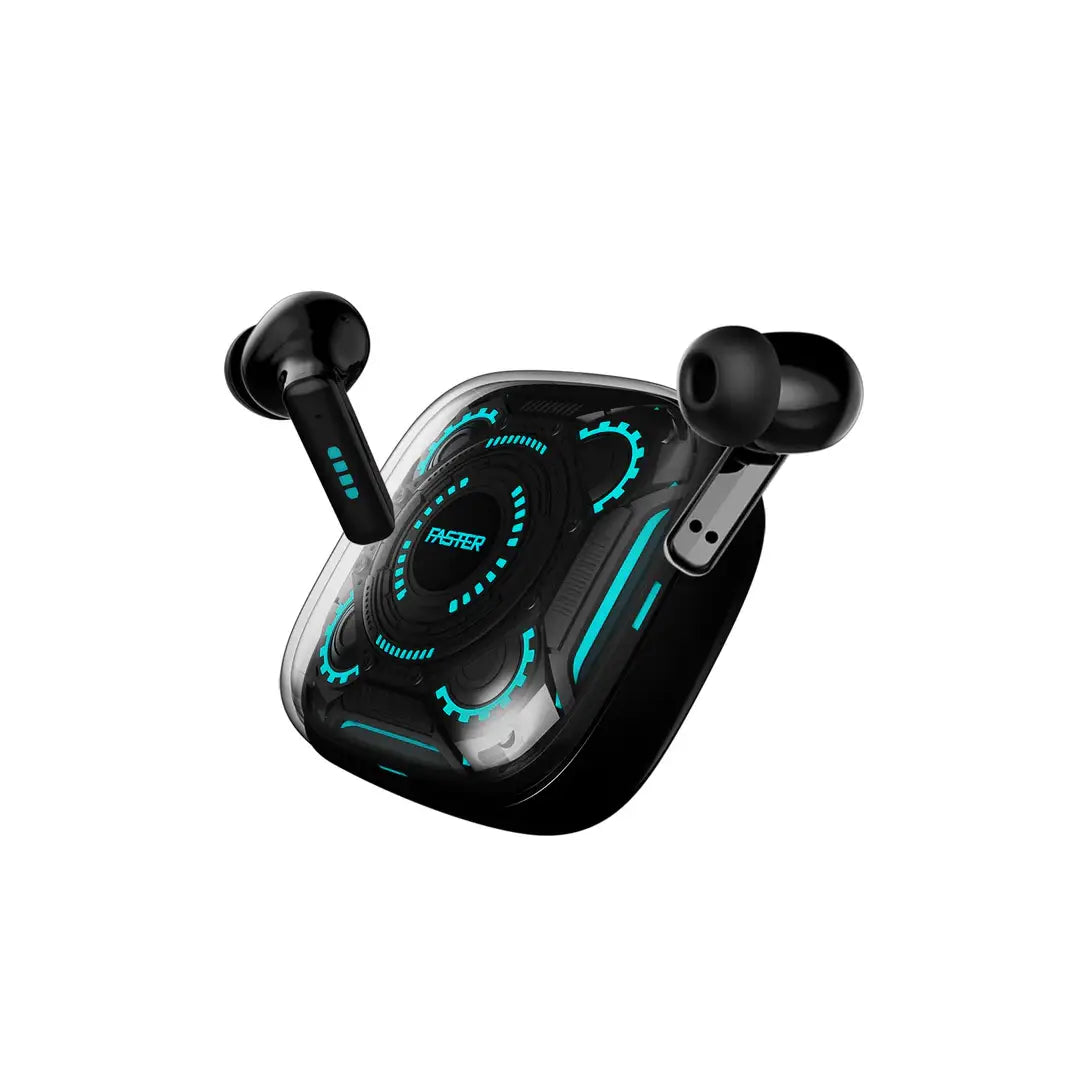 Black wireless earbuds with a transparent charging case on a white background
