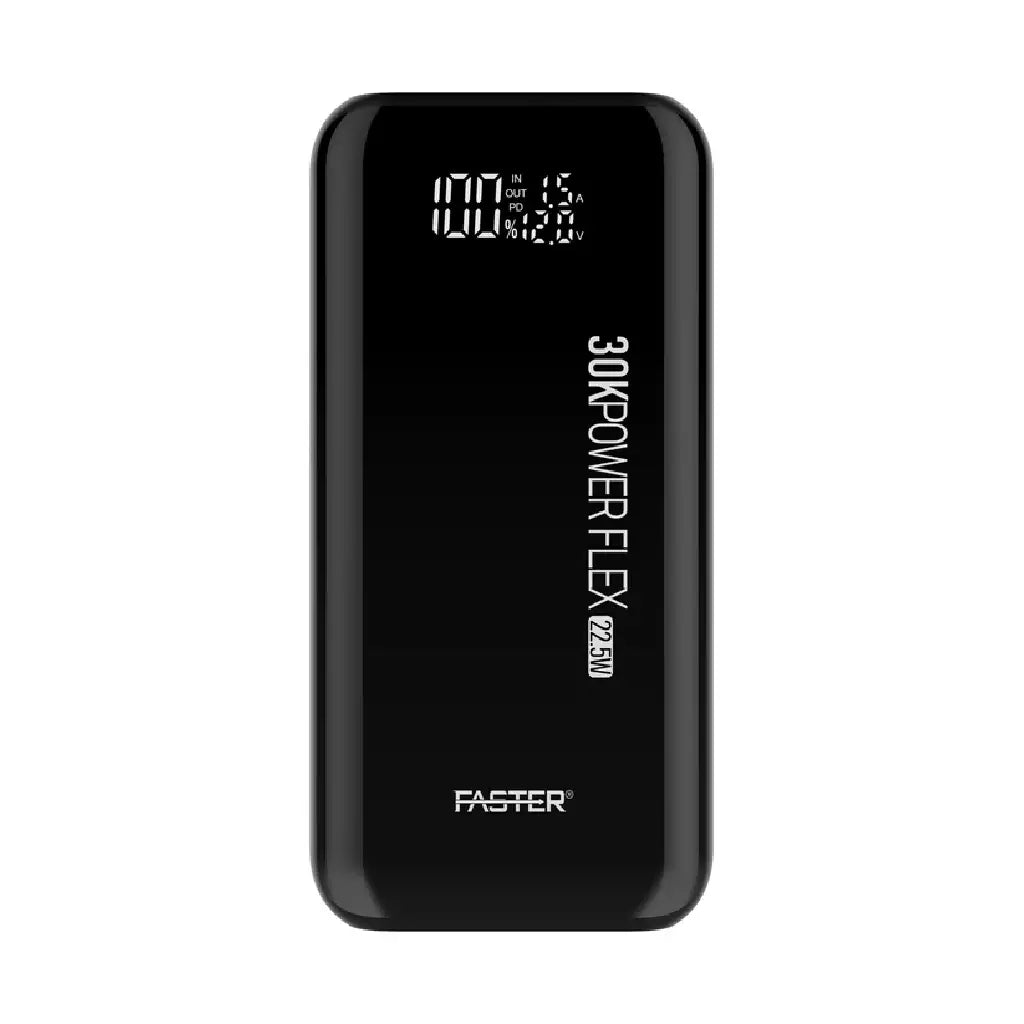 FASTER PF30K 30000mAh fast charging power bank showing dual USB output and Type-C port on white background