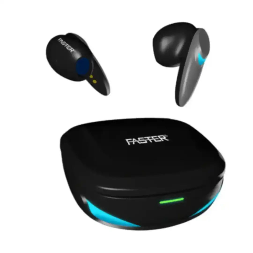 Black wireless earbuds with charging case on a white background, featuring the brand 'FASTER'.