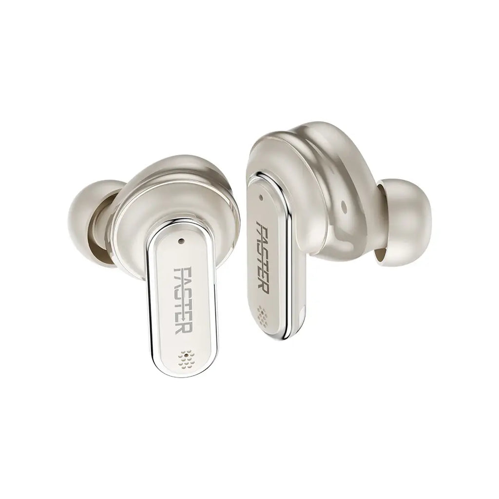 Pair of silver wireless earbuds on a white background