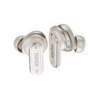 Pair of silver wireless earbuds on a white background