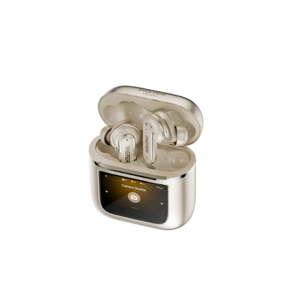 Wireless earbuds with charging case on a white background