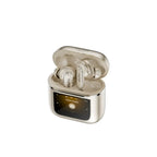 Wireless earbuds with charging case on a white background
