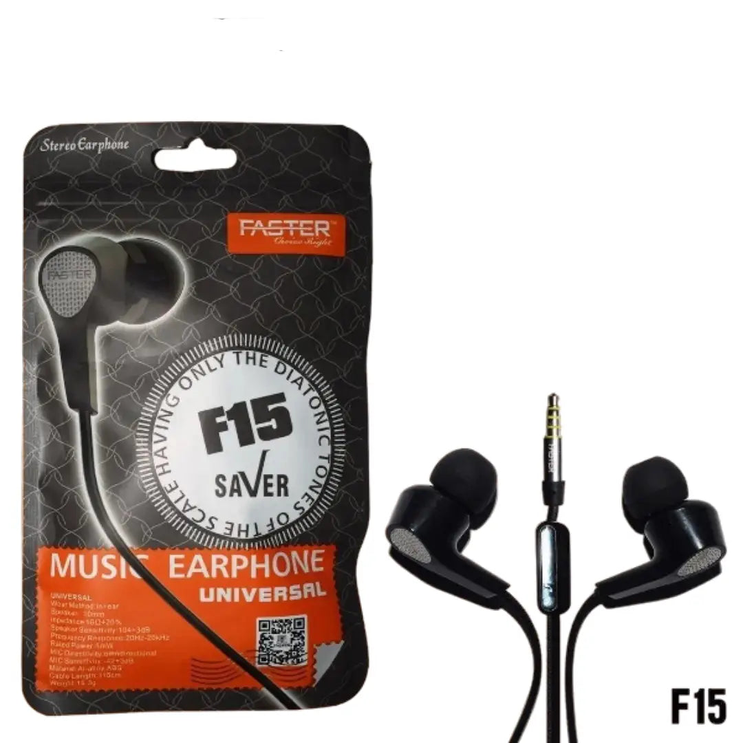 Black earphones with packaging labeled 'F15 Saver' on a white background