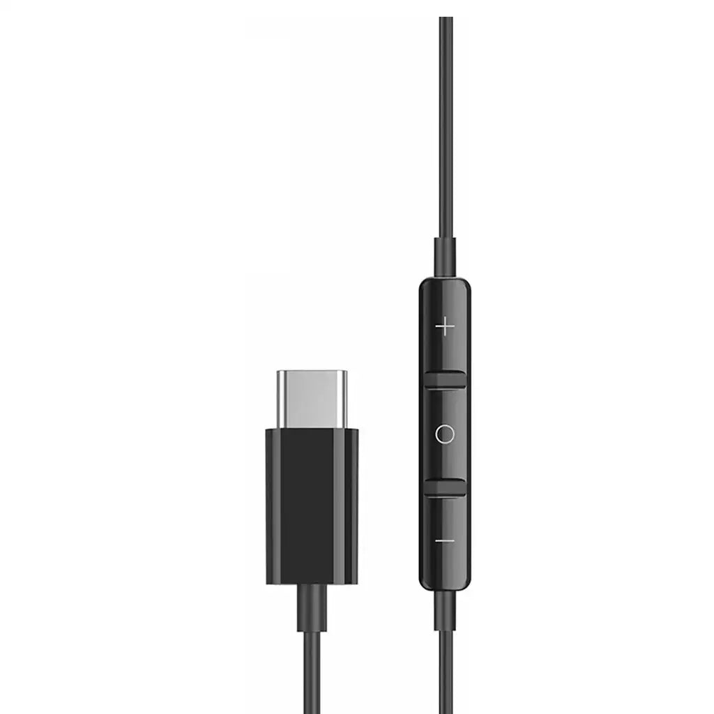 Black audio cable with control buttons on a white background