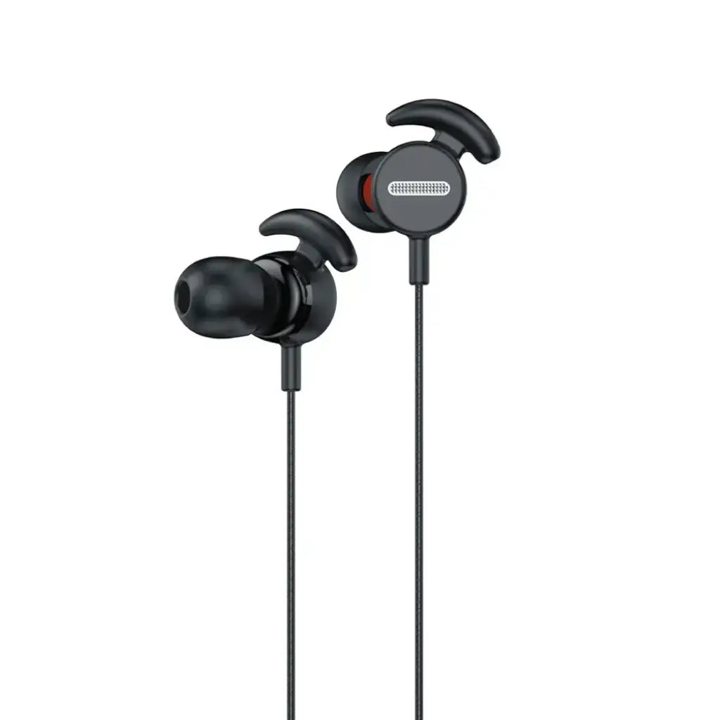 Black in-ear headphones on a white background