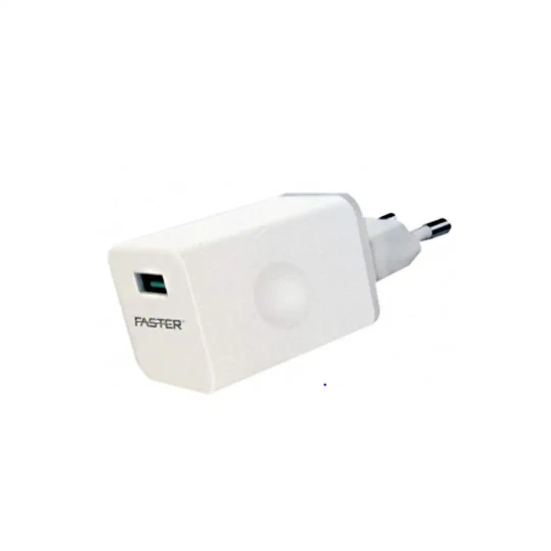 White wall adapter with 'Faster' branding on a white background