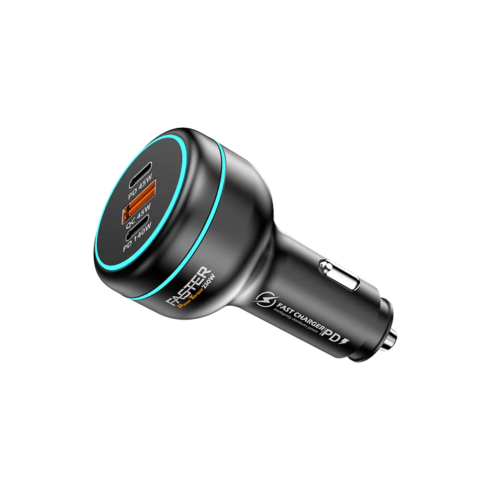 Car charger with USB ports on a white background
