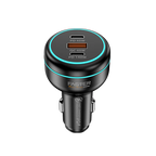 Black car charger with multiple USB ports on a white background