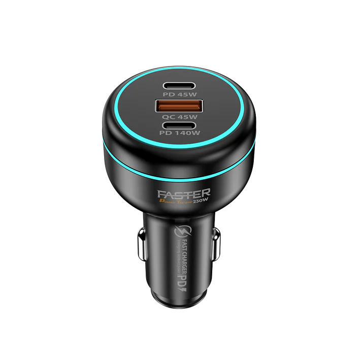 Black car charger with multiple USB ports on a white background