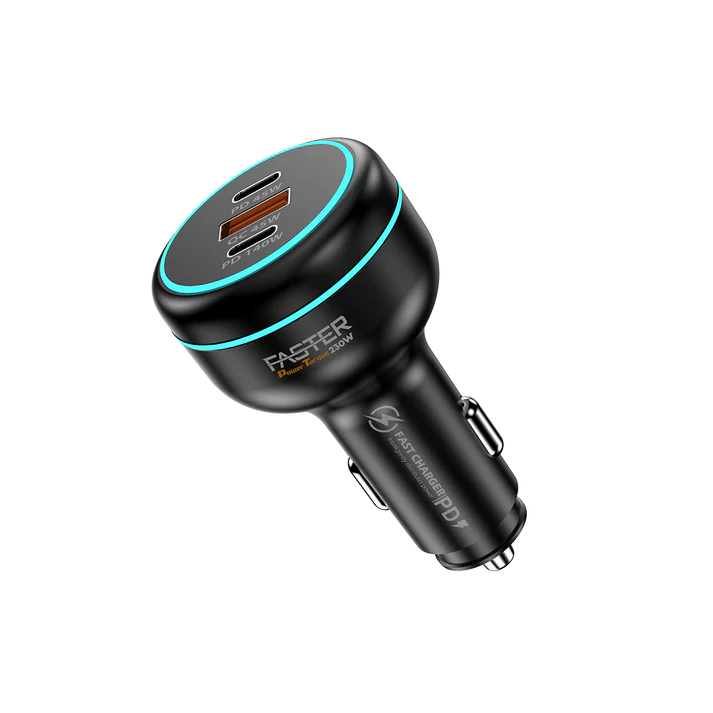 Black car charger with USB ports on a white background