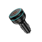 Black car charger with USB ports on a white background