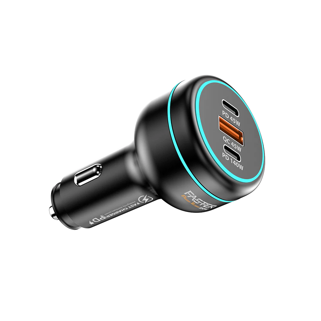 Black car charger with multiple ports on a white background