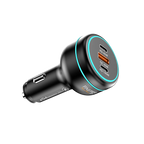 Black car charger with multiple ports on a white background