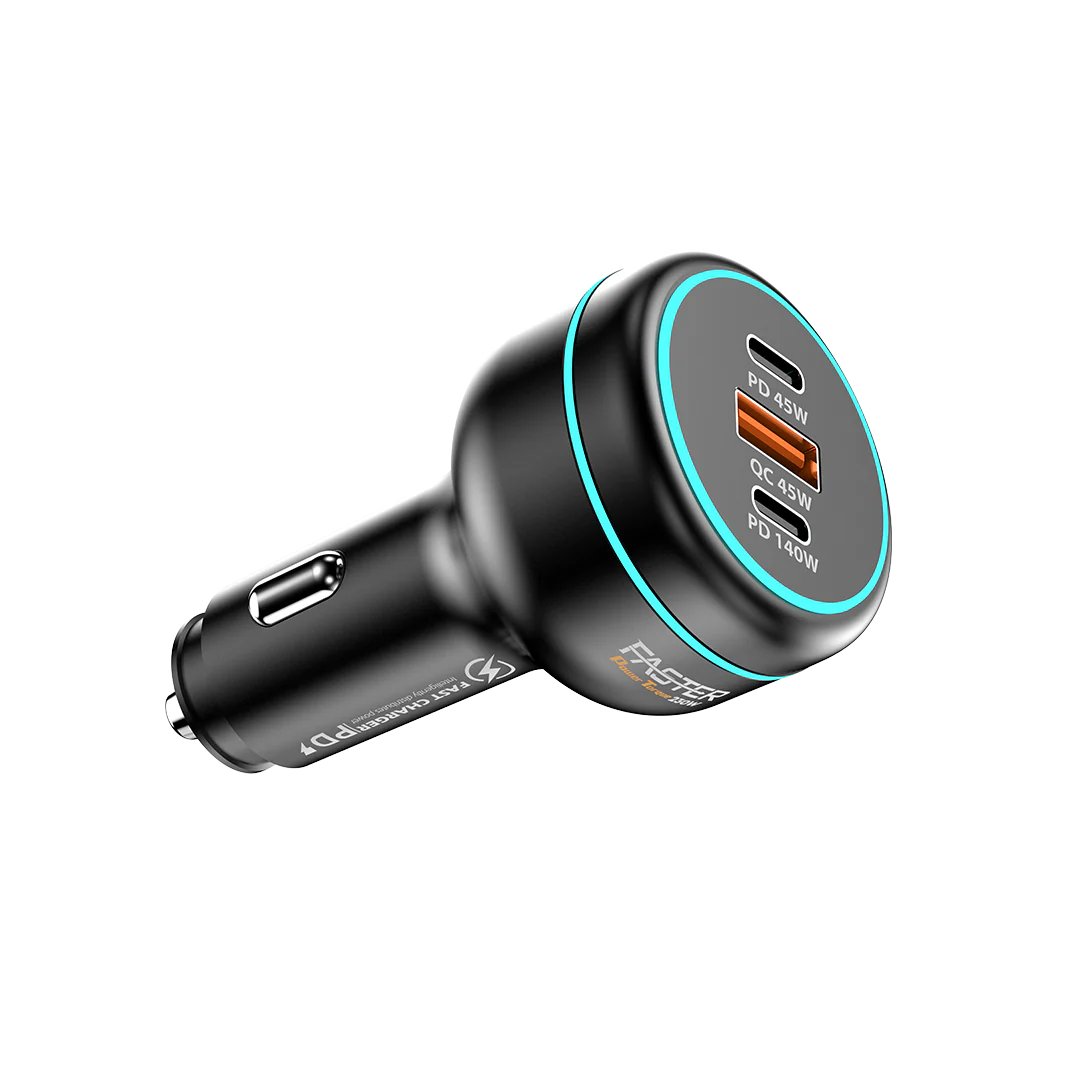 Black car charger with multiple ports on a white background